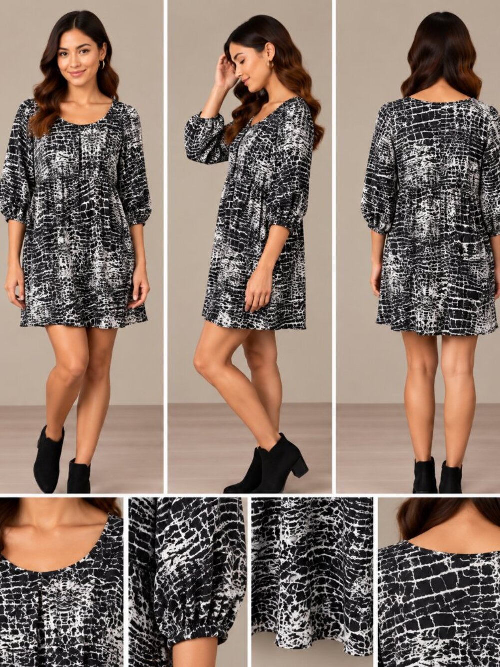 BeeStitched Black White Animal Print Smocked Puff Sleeve Dress S